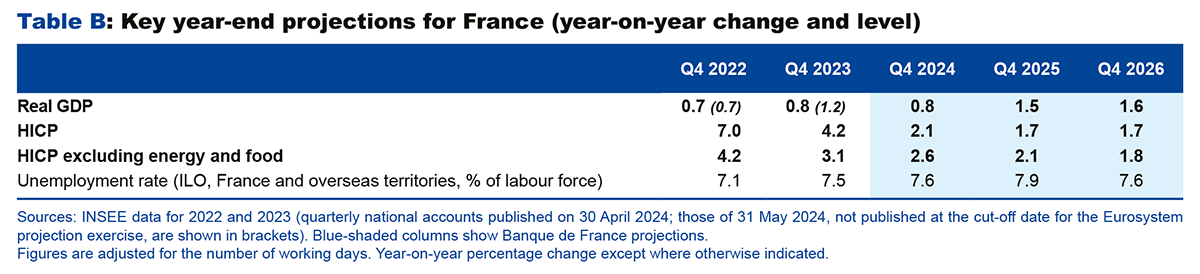 Key year-end projections for France (year-on-year change and level)