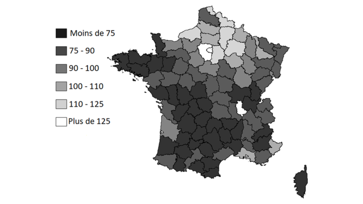 Revenus moyens relatifs des départements en 1922