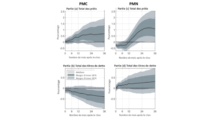 Figure 2 : Réaction des prêts et des titres à deux types de chocs de politique monétaire Note : « PMC » et « PMN » correspondent à des chocs de PM conventionnelle (PMC) et non conventionnelle (PMN) de 1 écart type. On retrace la médiane avec des marges d’erreur de 68 % et 90 %. Source : Lhuissier et Szczerbowicz (2021).