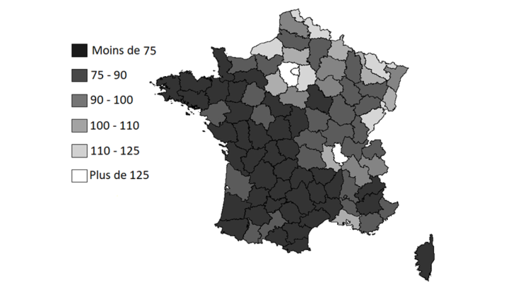 Revenus moyens relatifs des départements en 1948