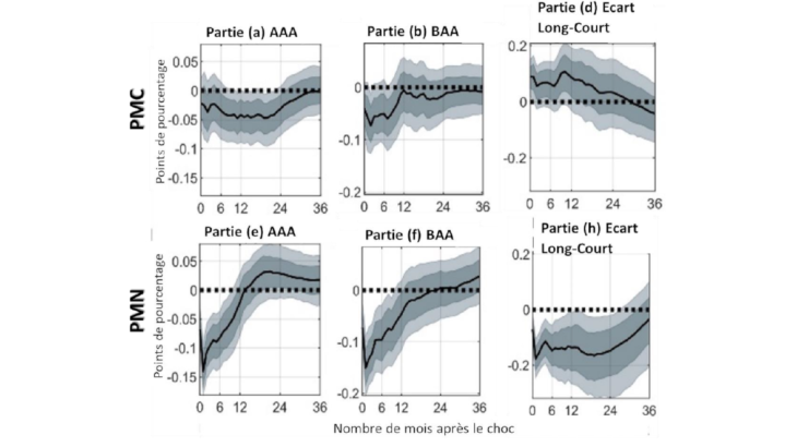 Figure 3 : Réaction des prêts des entreprises à deux types de chocs de politique monétaire Note : « PMC » et « PMN » correspondent à des chocs de PM conventionnelle (PMC) et non conventionnelle (PMN) de 1 écart type. On retrace la médiane avec des marges d’erreur de 68 % et 90 %. Source : Lhuissier et Szczerbowicz (2021).