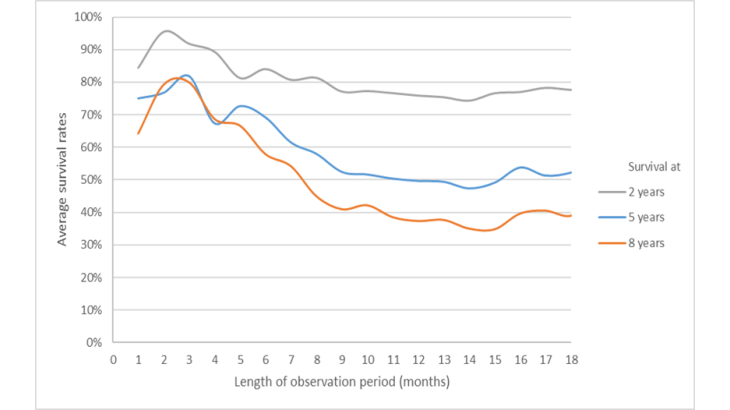 The survival rate of companies decreases with the length of proceedings 