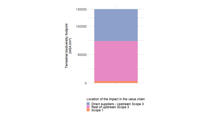 Chart 4: Breakdown of the static biodiversity footprint of the portfolio by scope Source: Svartzman et al. (2021) Note: Land use change represents 100,000 MSA.km², or 77% of the 130,000 MSA.km² static terrestrial biodiversity footprint of the French financial institutions' securities portfolio.