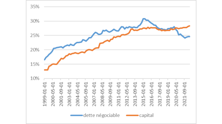 encours de dette négociable et de capital issus de l’extra zone euro (% du passif total zone euro)