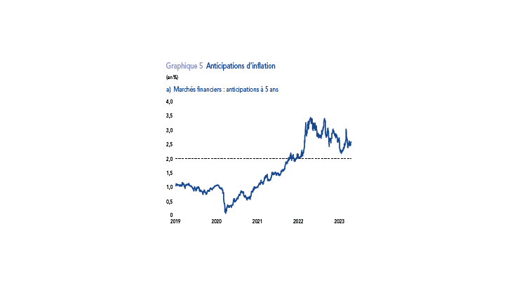 Notes : Anticipations d’inflation extraites des marchés de dérivés (inflation linked swap à 5 ans – swaps indexés sur l’inflation). Dernier point au 18 avril 2023. Source : Bloomberg.