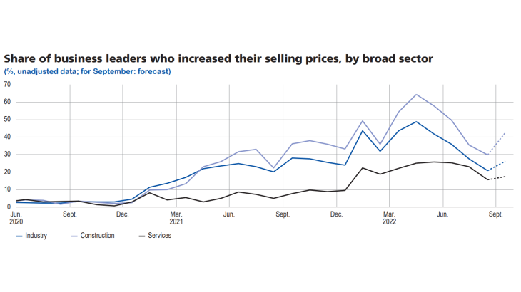 Update-business-condition-sept2022-graph8 - Share of business leaders who increased their selling prices, by broad sector
