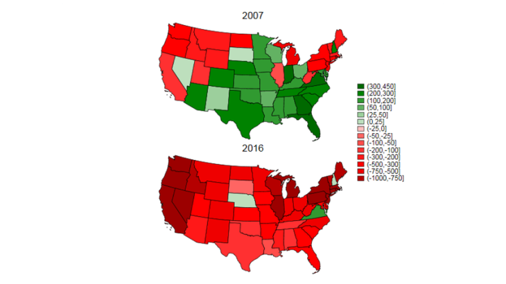 Chart 4. Nearly all states have been net recipients of federal transfers since the 2008 crisis Source: authors’ calculations of cumulative net federal transfers via the unemployment insurance system expressed in 2010 dollars per state inhabitant, based on NBER, DOL and BEA data.