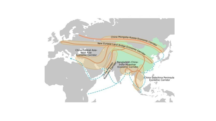 Les couloirs d’échanges terrestres et maritimes de la BRI Source: Hong Kong Trade Development Council (HKTDC) Research