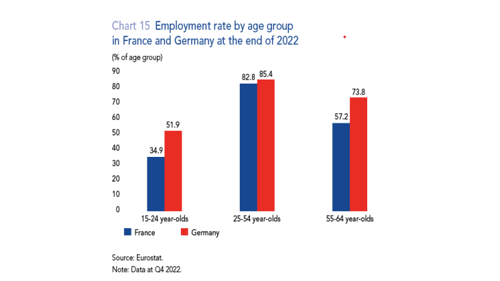 Employment rate by age group in France and Germany at the end of 2022