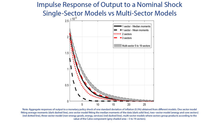 Impulse response of output to a nominal shock single-sector models vs multi-sector models