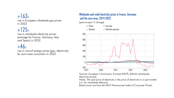 Wholesale and retail electricity prices in France, Germany and the euro area, 2019-2023